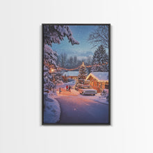 Cargar imagen en el visor de la galería, Classic Winter Christmas Neighborhood Framed Canvas Print Tall Art With Lights And Christmas Tree, Holiday Wall Art Home Decor
