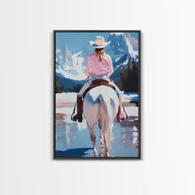 Cargar imagen en el visor de la galería, Female Cowboy Riding Through Winter Mountains Framed Canvas Print Christmas Wall Art Winter Wonderland Vintage Christmas Gift Wall Art
