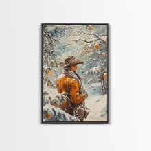Load image into Gallery viewer, Cowboy in Snowy Orchard Canvas Print with Frosty, Christmas Wall Art Gift, Seasonal Decor, Winter Wonderland, Holiday Decor, Canvas Print
