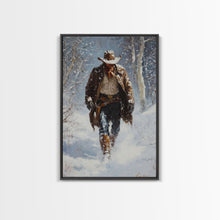 Load image into Gallery viewer, Cowboy Riding Horse in Snowy Forest Canvas Print, Winter Wall Art, Western, Rustic Christmas Wall Art, Seasonal Holiday Decor, Canvas Print
