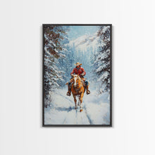 Load image into Gallery viewer, Cowboy Walking Through Snowy Winter Forest Canvas Print, Western Christmas Art Gift, Holiday Wall Decor, Rustic Art, Framed Canvas Print

