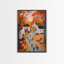 Carregar imagem no visualizador da galeria, Autumn Village Scene Framed Canvas Print Tall Art With Fall Leaves And Pumpkins, Cozy Wall Art For Seasonal Farmhouse Decor
