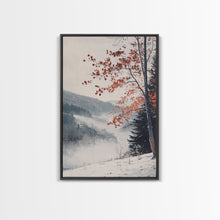 Carregar imagem no visualizador da galeria, Canvas Print of Snowy Mountain Trees Red Leaves, Winter Wonderland Wall Art, Best Gift Idea, Moody Landscape, Rustic Christmas Decor
