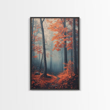 Carregar imagem no visualizador da galeria, Framed Canvas Print of Misty Autumn Forest with Vibrant Red Leaves, Seasonal Wall Art, Modern Farmhouse, Gift Idea, Fall Landscape Art

