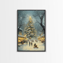 Cargar imagen en el visor de la galería, Christmas Tree Village Snowy Winter Scene Framed Canvas Print Christmas Wall Art Christmas Decor Christmas Tree Art Holiday Gift Winter Art
