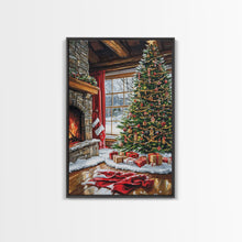 Load image into Gallery viewer, Cozy Cabin Fireplace With Christmas Tree Framed Canvas Print Christmas Wall Art Farmhouse Christmas Decor Holiday Gift Christmas Tree Art
