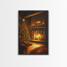 Load image into Gallery viewer, Rustic Cabin Fireplace With Christmas Tree Framed Canvas Print Warm Holiday Decor With Stockings And Christmas Lights Christmas Wall Art
