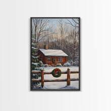 Load image into Gallery viewer, Snowy Log Cabin With Wreath And Fence Framed Canvas Print Rustic Winter Scene With Cozy Cabin In Snow Perfect Christmas Home Decor Wall Art
