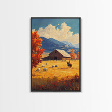 Load image into Gallery viewer, Cowboy Herding Cattle Framed Canvas Print Rustic Autumn Landscape With Barn And Vibrant Fall Colors Perfect Country Christmas Decor Art
