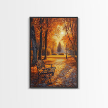 Carregar imagem no visualizador da galeria, Autumn Park Bench Scene With Trees And Lamppost Framed Canvas Print Wall Art Fall Decor, Rustic Autumn Art Gift, Seasonal Canvas Art
