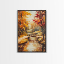 Carregar imagem no visualizador da galeria, Autumn Bridge Over Stream Framed Canvas Print Wall Art Fall Landscape Decor, Rustic Autumn Art Gift, Seasonal Wall Art
