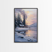 Load image into Gallery viewer, Cabin In Snowy Forest Framed Canvas Print Wall Art Winter Landscape Decor, Cozy Christmas Art Gift, Rustic Winter Wonderland Art
