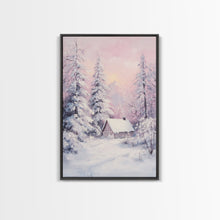 Load image into Gallery viewer, Pink Snowy Cabin Landscape Framed Canvas Print Wall Art Winter Wonderland Decor, Christmas Art Gift, Rustic Winter Scene Art
