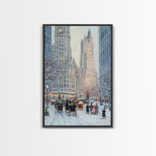 Cargar imagen en el visor de la galería, Historical City Winter Framed Canvas Print, Snowy Urban Landscape with Carriages and Victorian Architecture, Elegant Christmas Wall Art
