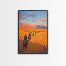Load image into Gallery viewer, Cowboy Campfire Framed Canvas Print, Evening Gathering with Riders Around Fire, Western Landscape Art for Fall or Winter Home Decor
