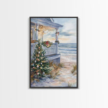 Cargar imagen en el visor de la galería, Coastal Christmas Tree Framed Canvas Print, Festive Holiday Decor Tree Beach and Ocean View, Nautical Wall Art Tropical Christmas Decor
