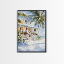Carregar imagem no visualizador da galeria, Beach Christmas porch with palm trees and wreaths, holiday decor Framed Canvas Print Christmas wall art farmhouse tropical decor idea
