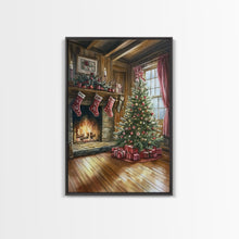 Load image into Gallery viewer, Cozy farmhouse Christmas interior Framed Canvas Print with tree stockings and fireplace, warm holiday art rustic Christmas decor mantle
