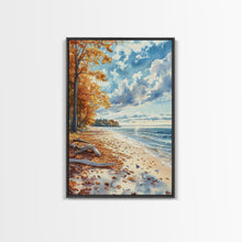 Carregar imagem no visualizador da galeria, Autumn beach landscape with vibrant fall leaves and coastal breeze Framed Canvas Print perfect fall wall art for seasonal farmhouse decor
