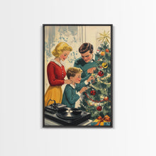 Load image into Gallery viewer, Mid-Century Family Christmas Celebration with Turntable and Christmas Tree, Retro Holiday Wall Art, Framed Canvas Print
