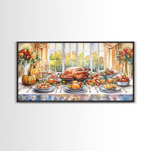 Load image into Gallery viewer, Framed Canvas Print Autumn Thanksgiving Dinner Table Art with Pumpkins, Perfect Fall Home Decor, Seasonal Wall Art, and Gallery Wall Piece
