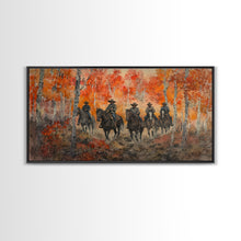 Load image into Gallery viewer, Framed Canvas Print Horseback Riders in Rustic Fall Forest, Cowboy Theme Wall Art, Autumn Home Decor, and Seasonal Canvas Wall Print
