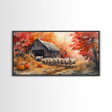 Load image into Gallery viewer, Framed Canvas Print Autumn Farm with Sheep and Pumpkins, Perfect Fall Decor, Rustic Country Home Wall Art, Seasonal Autumn Canvas Print
