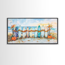 Load image into Gallery viewer, Framed Canvas Print Beach Scene with Surfboards and Pumpkins, Fall Beach Decor, Autumn Coastal Wall Art, Perfect Fall Beach Theme
