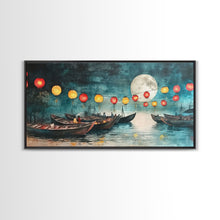 Load image into Gallery viewer, Framed Canvas Print Full Moon Lanterns on Boats, Dreamy Night Scene, Watercolor Christmas Art, Unique Holiday Decor, Coastal Christmas
