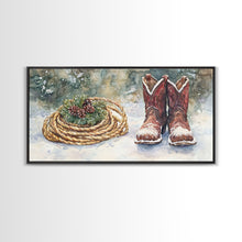 Carregar imagem no visualizador da galeria, Canvas Print Cowboy Boots with Christmas Wreath and Rope, Rustic Christmas Decor, Winter Western Holiday Art, Farmhouse Wall Print
