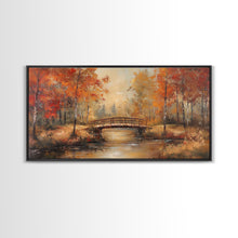 Carregar imagem no visualizador da galeria, Autumn Bridge Over Quiet River Tall Art Framed Canvas Print Serene Fall Landscape With Colorful Foliage And Peaceful Reflections
