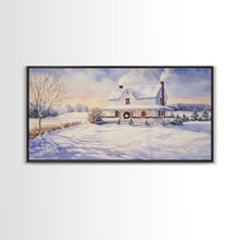 Cargar imagen en el visor de la galería, Farmhouse Christmas decor Framed Canvas Print snowy white farmhouse with wreath winter wonderland holiday decor best gift Christmas wall art
