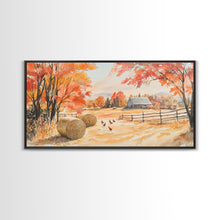 Carregar imagem no visualizador da galeria, Autumn farmhouse decor Canvas Print fall landscape with barn and chickens harvest season gift idea rustic fall wall art holiday home decor
