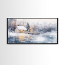Load image into Gallery viewer, Christmas winter cabin Framed Canvas Print snowy lakeside cabin Christmas tree cozy holiday decor winter wonderland art Christmas wall decor
