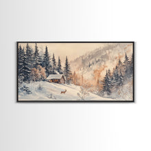 Load image into Gallery viewer, Christmas winter cabin Canvas Print snowy mountain cabin deer cozy holiday wall art winter wonderland seasonal decor Christmas gift idea
