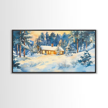 Load image into Gallery viewer, Winter cabin decor Framed Canvas Print snowy cabin and trees winter wonderland cozy holiday wall art gift idea Christmas home decor
