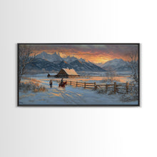 Load image into Gallery viewer, Dawn on the Frontier - Christmas scene art, winter wonderland, rustic Christmas art, Christmas farmhouse decor, snowy mountain art

