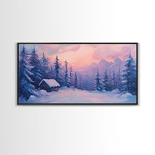 Load image into Gallery viewer, Cozy Cabin Surrounded By Winter Trees Tall Art Framed Canvas Print Serene Snowy Forest Cabin Landscape With Warm Interior Lights
