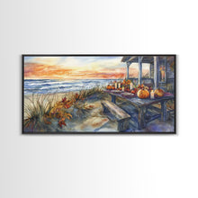 Load image into Gallery viewer, Beach Thanksgiving Table Pumpkins Canvas Print Fall Beach Decor Autumn Coastal Wall Art Framed Canvas Print Seasonal Wall Art
