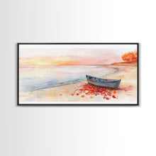 Carregar imagem no visualizador da galeria, Autumn beach landscape art, fall sunset wall art, coastal boat decor, beach fall home decor, seasonal wall art gift, framed canvas print
