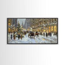 Carregar imagem no visualizador da galeria, Bustling Christmas Street Scene Tall Art Framed Canvas Print Vintage Winter Holiday Scene With Horse-Drawn Carriages And Festive Lights
