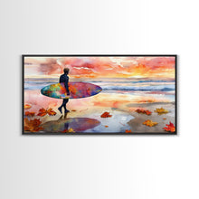 Carregar imagem no visualizador da galeria, Autumn Surfing Sunset Canvas Print | Fall Surf Art Gift | Seasonal Wall Art Decor | Gift Idea | Beach Decor Fall Theme | Framed Canvas Print
