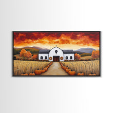 Carregar imagem no visualizador da galeria, Autumn pumpkin farm with barn, canvas print, fall farmhouse decor, rustic autumn home decor, cozy fall harvest wall art for seasonal display
