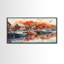 Cargar imagen en el visor de la galería, Fishing boats in harbor with autumn trees, framed canvas print, fall coastal art, rustic nautical decor, perfect gift idea, autumn wall art
