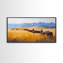 Load image into Gallery viewer, Cowboys Framed Canvas Print Western Country Horse Ride Scenic Art Large Landscape Wall Decor Ideal Holiday and Ranch Home Gift
