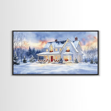 Load image into Gallery viewer, Cozy Winter House with Snowy Landscape, Christmas Decor, Framed Canvas Print, Farmhouse Christmas Decor, Seasonal Wall Art, Gift Idea
