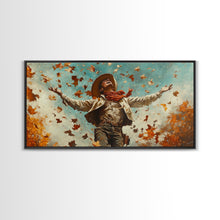 Load image into Gallery viewer, Cowboy Throwing Leaves In The Air, Funny Western Decor, Framed Canvas Print, Mood Lifting Wall Art, Fall Decor
