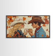 Load image into Gallery viewer, Cowgirl &amp; Cowboy Enjoy Some Hot Chocolate, Art For Couples, Framed Canvas Print, Rustic Farmhouse Home Decor, Wall Art Rustic Decor
