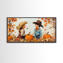 Carregar imagem no visualizador da galeria, Cute Cowboy and Cowgirl In a Pumpkin Patch, Framed Canvas Print, 1950s Style Wall Art, Nursery Decor
