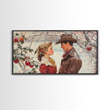 Load image into Gallery viewer, Cowboy and Cowgirl meet under the mistletoe, framed canvas print, cute winter wall art, Christmas home decor, seasonal rustic decor

